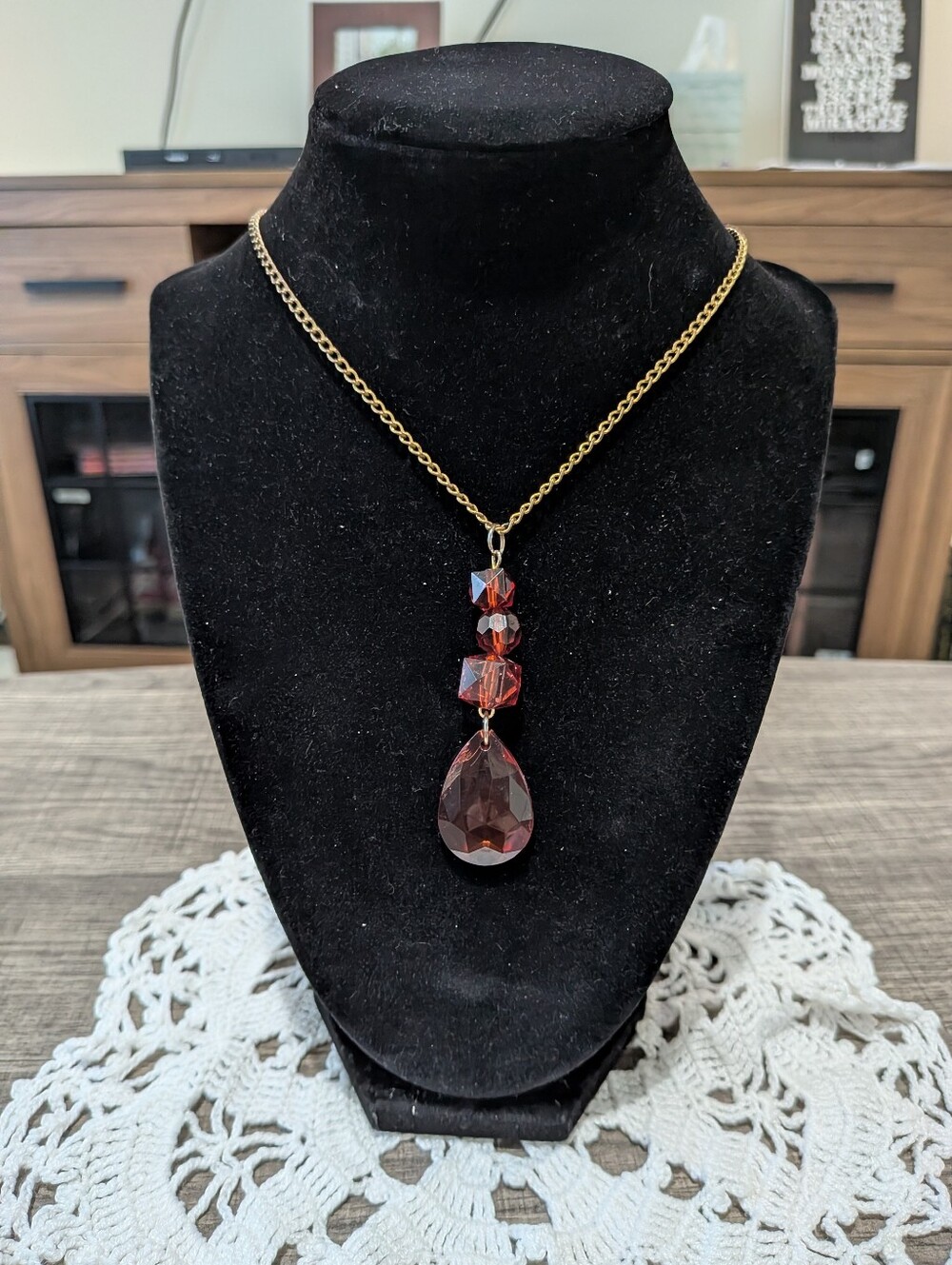 Gold Necklace Orange Amber Pendant